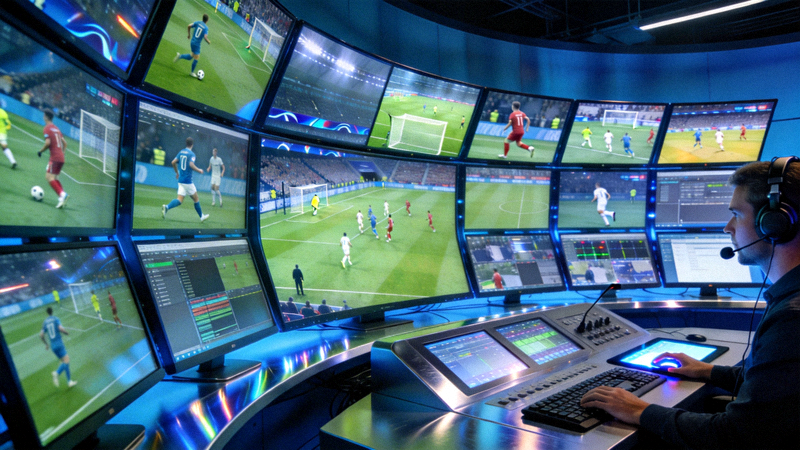 现代科技感的多屏体育直播控制中心，大屏幕上显示着不同足球比赛的实时画面